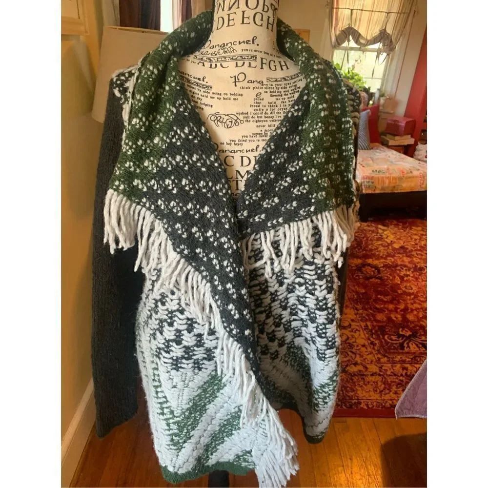 Anthropologie Jacquard Knit Cardigan Green wool blend sweater